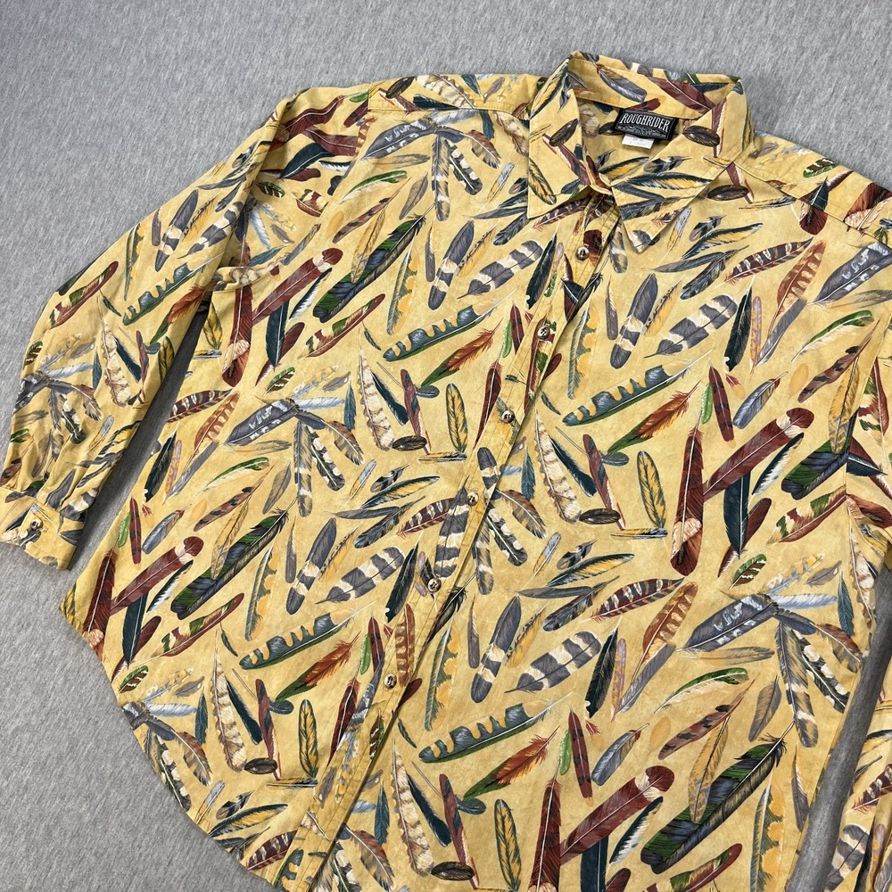 Vintage Circle-T Roughrider Western Blouse Womens XL Yellow Feather Pattern 90s